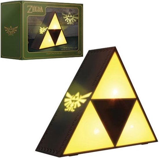 The Legend of Zelda Triforce-lamp en de doos met productafbeelding.