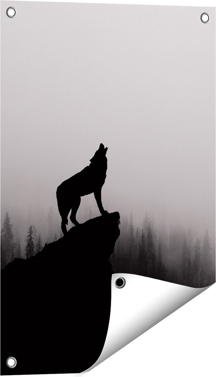 Gards Tuinposter Silhouet van een Huilende Wolf - Abstract - 40x60 cm - Tuindoek - Tuindecoratie - Wanddecoratie buiten - Tuinschilderij Multikleur