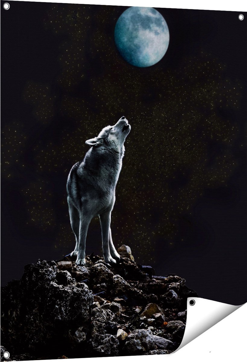 Gards Tuinposter Wolf Huilt naar de Volle Maan - 80x100 cm - Tuindoek - Tuindecoratie - Wanddecoratie buiten - Tuinschilderij Multikleur