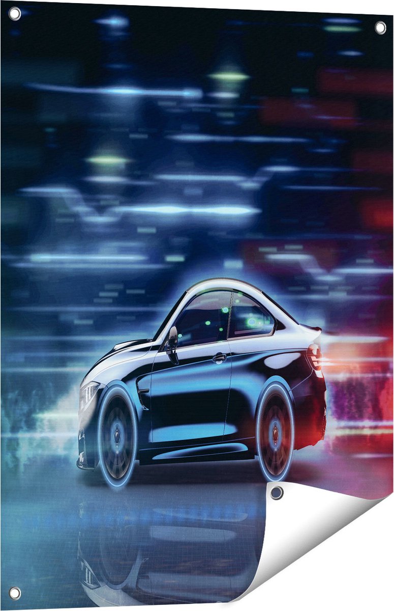 Gards Tuinposter Zwarte Sportwagen Auto - 60x80 cm - Tuindoek - Tuindecoratie - Wanddecoratie buiten - Tuinschilderij Multikleur