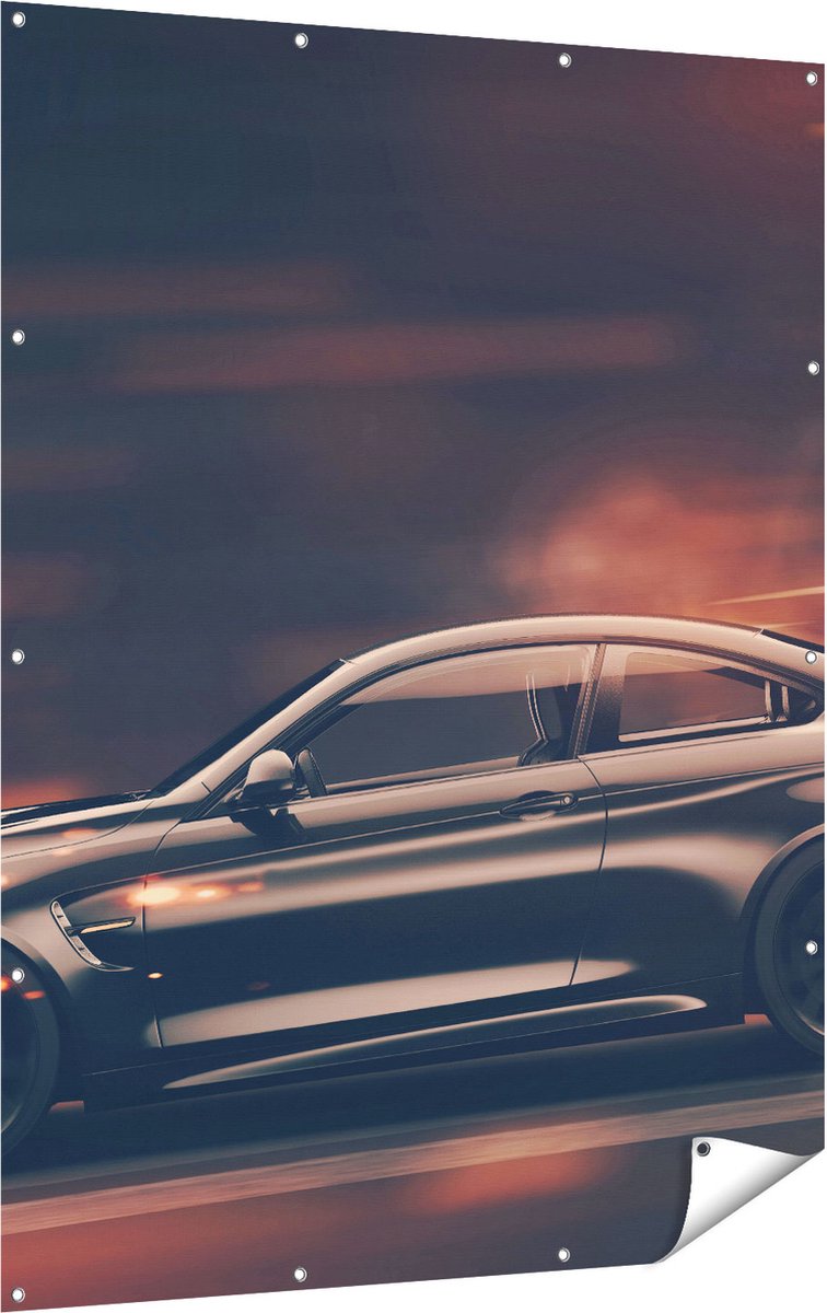 Gards Tuinposter Zwarte Sportwagen Auto met Vlammen - 120x160 cm - Tuindoek - Tuindecoratie - Wanddecoratie buiten - Tuinschilderij Multikleur