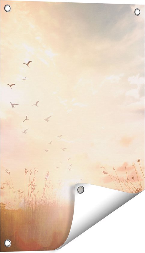 Gards Tuinposter Silhouet Vogels tijdens Zonsopkomst - 40x60 cm - Tuindoek - Tuindecoratie - Wanddecoratie buiten - Tuinschilderij