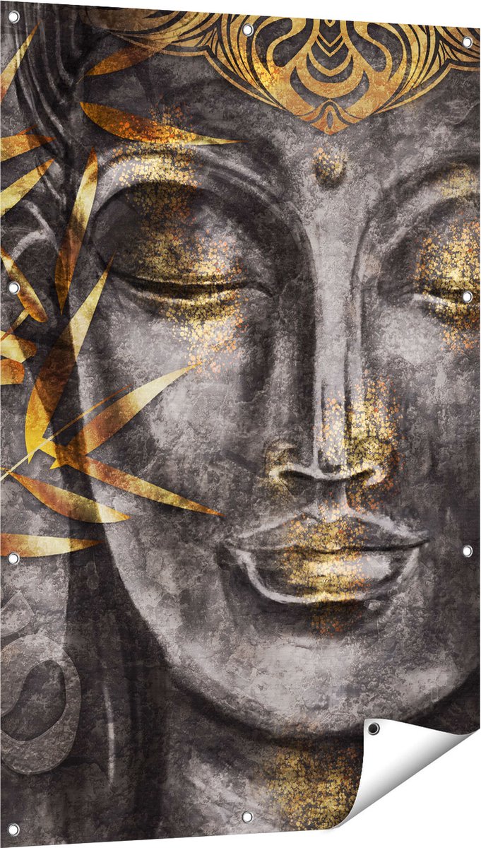 Gards Tuinposter Gouden Boeddha van Aquarel - Abstract - 80x120 cm - Tuindoek - Tuindecoratie - Wanddecoratie buiten - Tuinschilderij Multikleur