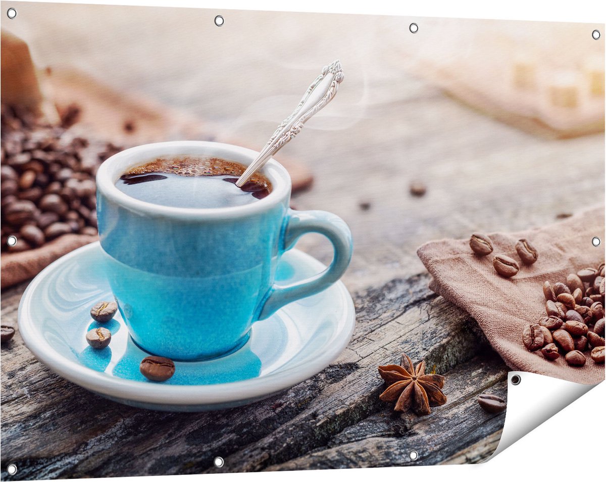 Gards Tuinposter Blauw Kopje Koffie met Koffiebonen - 120x80 cm - Tuindoek - Tuindecoratie - Wanddecoratie buiten - Tuinschilderij Multikleur