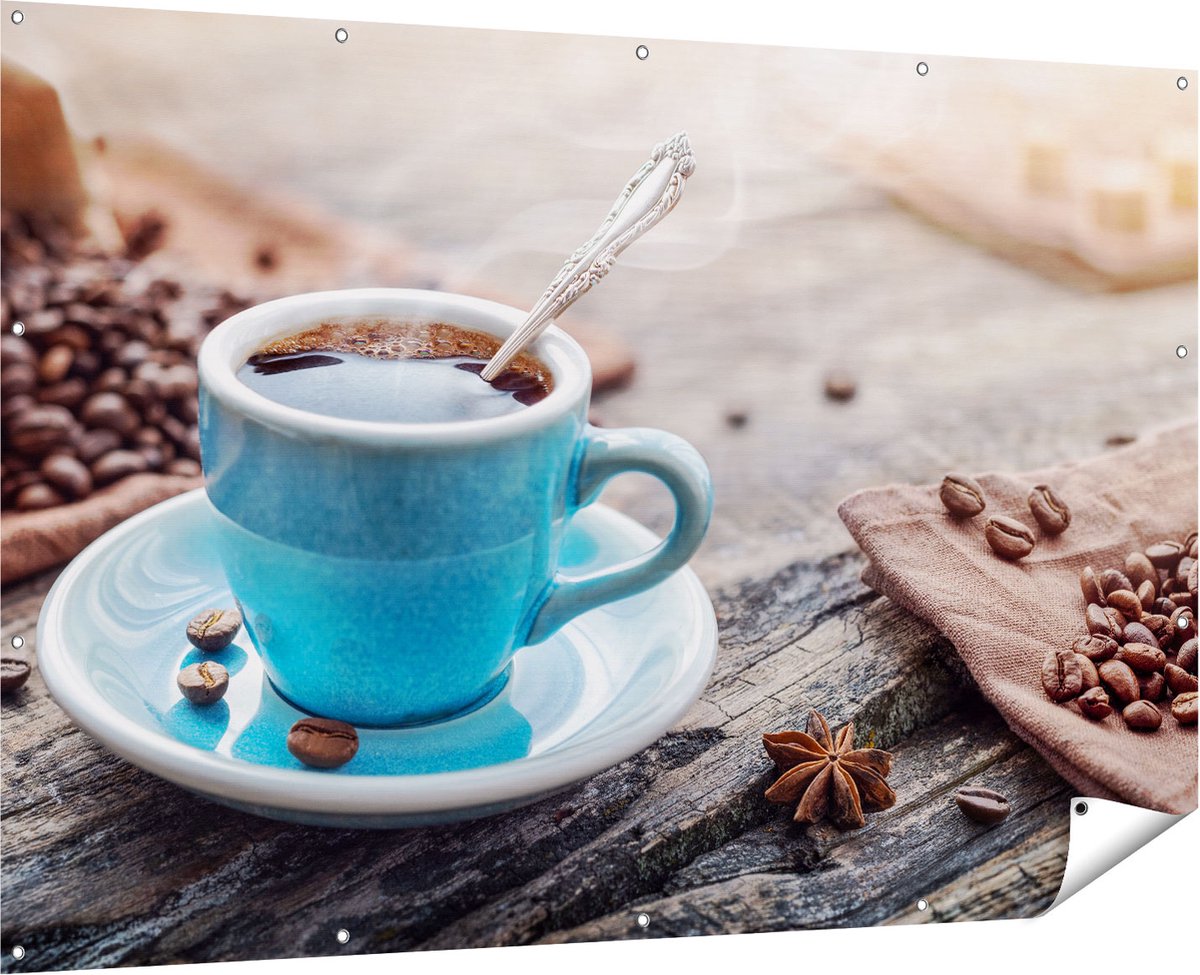 Gards Tuinposter Blauw Kopje Koffie met Koffiebonen - 180x120 cm - Tuindoek - Tuindecoratie - Wanddecoratie buiten - Tuinschilderij Multikleur