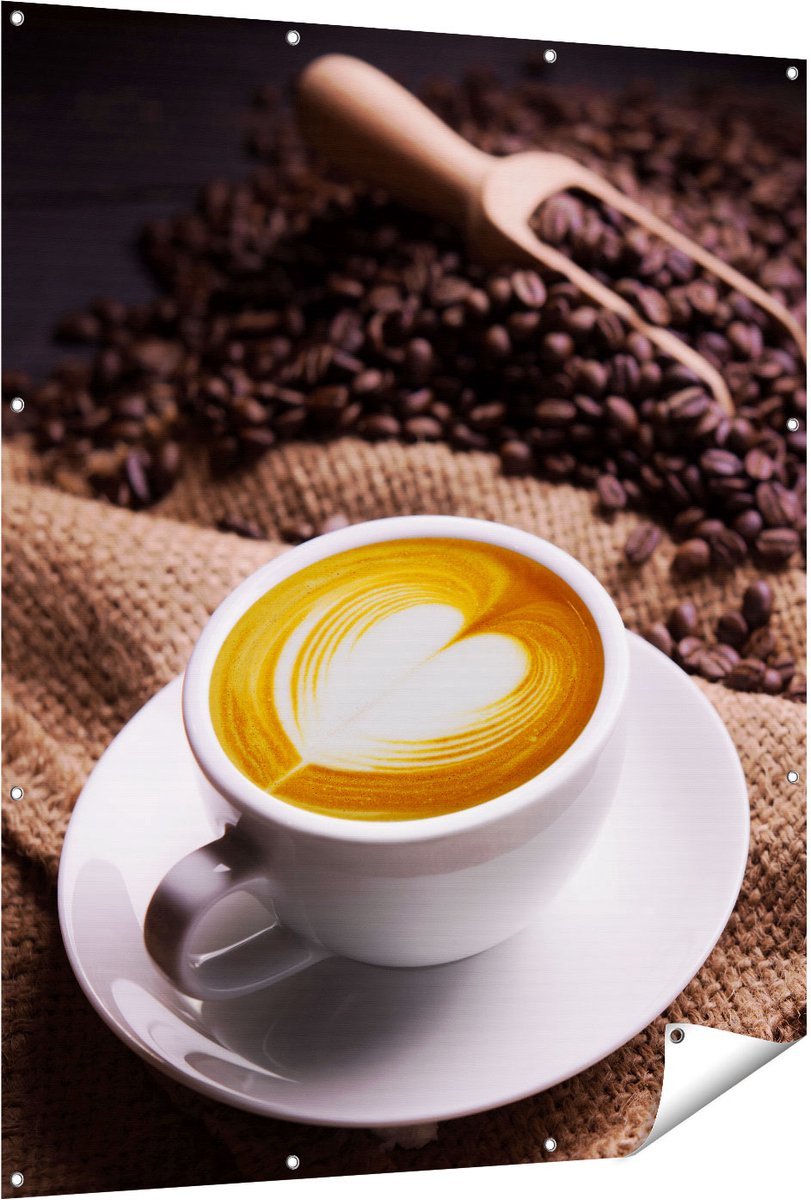 Gards Tuinposter Kopje Koffie in een Hartje met Koffiebonen - 120x150 cm - Tuindoek - Tuindecoratie - Wanddecoratie buiten - Tuinschilderij Multikleur