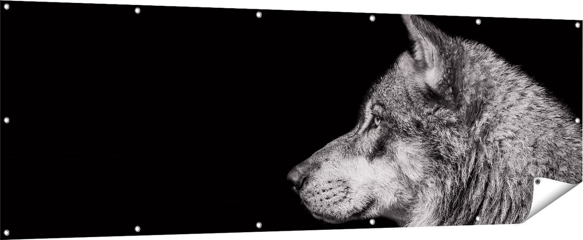 Gards Tuinposter Wolvenkop - Wolf - Zwart Wit - 210x70 cm - Tuindoek - Tuindecoratie - Wanddecoratie buiten - Tuinschilderij Multikleur
