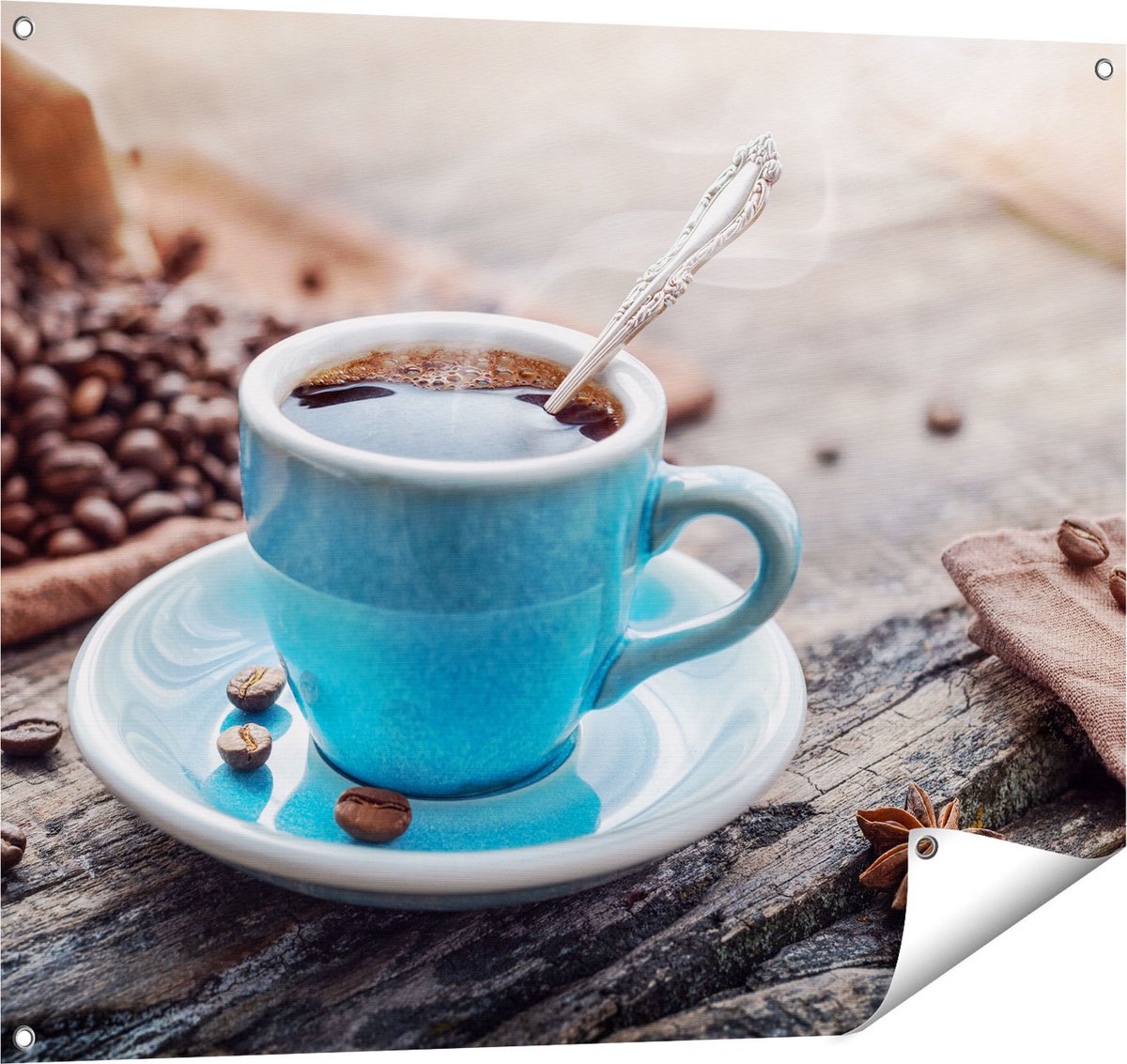 Gards Tuinposter Blauw Kopje Koffie met Koffiebonen - 100x80 cm - Tuindoek - Tuindecoratie - Wanddecoratie buiten - Tuinschilderij Multikleur