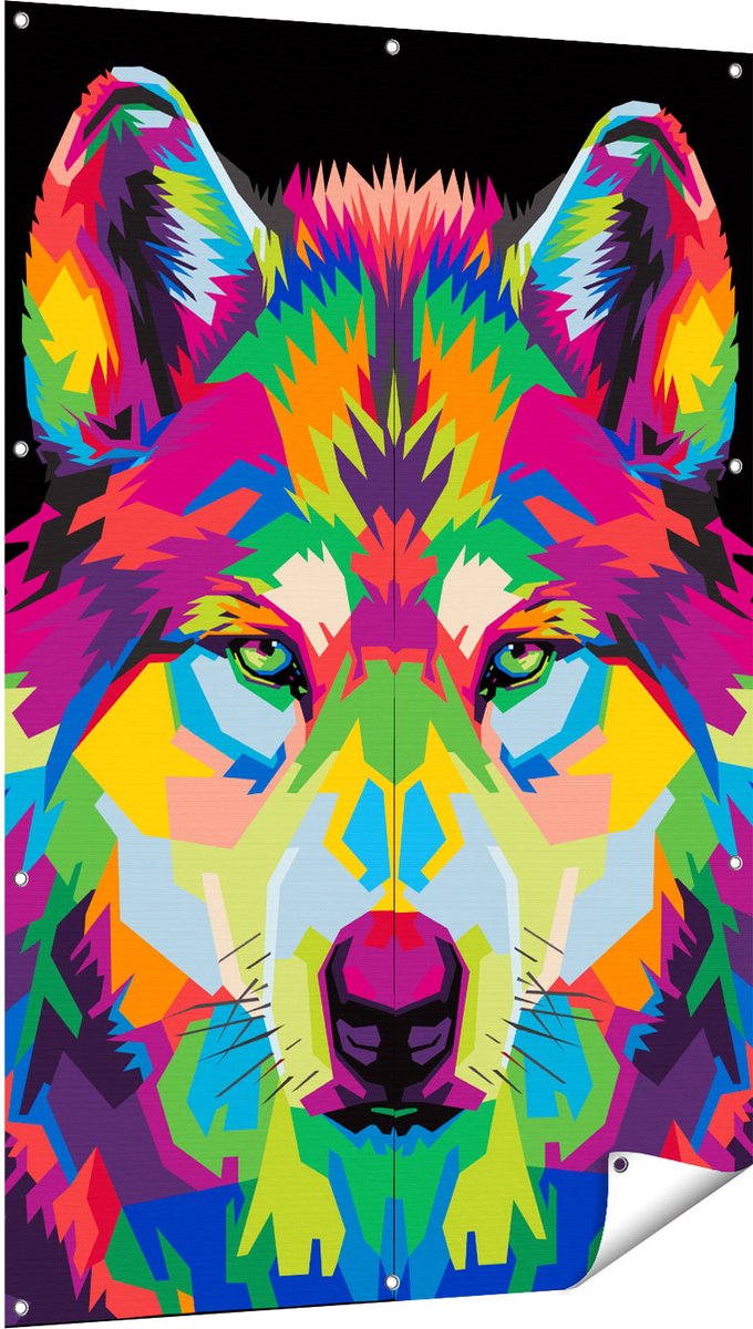 Gards Tuinposter Gekleurde Wolvenkop - Wolf - Abstract - 100x150 cm - Tuindoek - Tuindecoratie - Wanddecoratie buiten - Tuinschilderij Multikleur