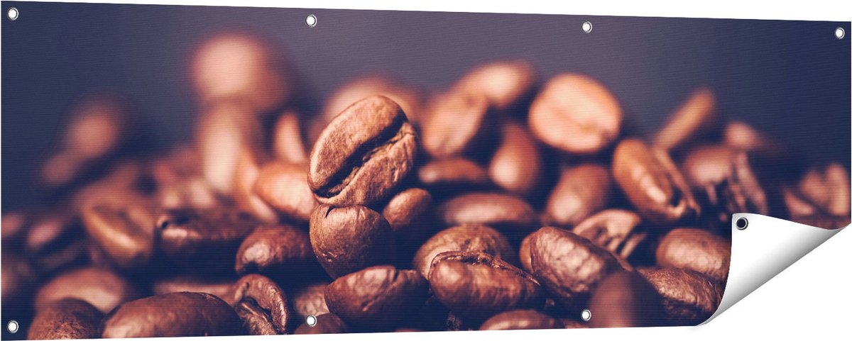 Gards Tuinposter Koffie Bonen op een Zwart Achtergrond - 150x50 cm - Tuindoek - Tuindecoratie - Wanddecoratie buiten - Tuinschilderij Multikleur