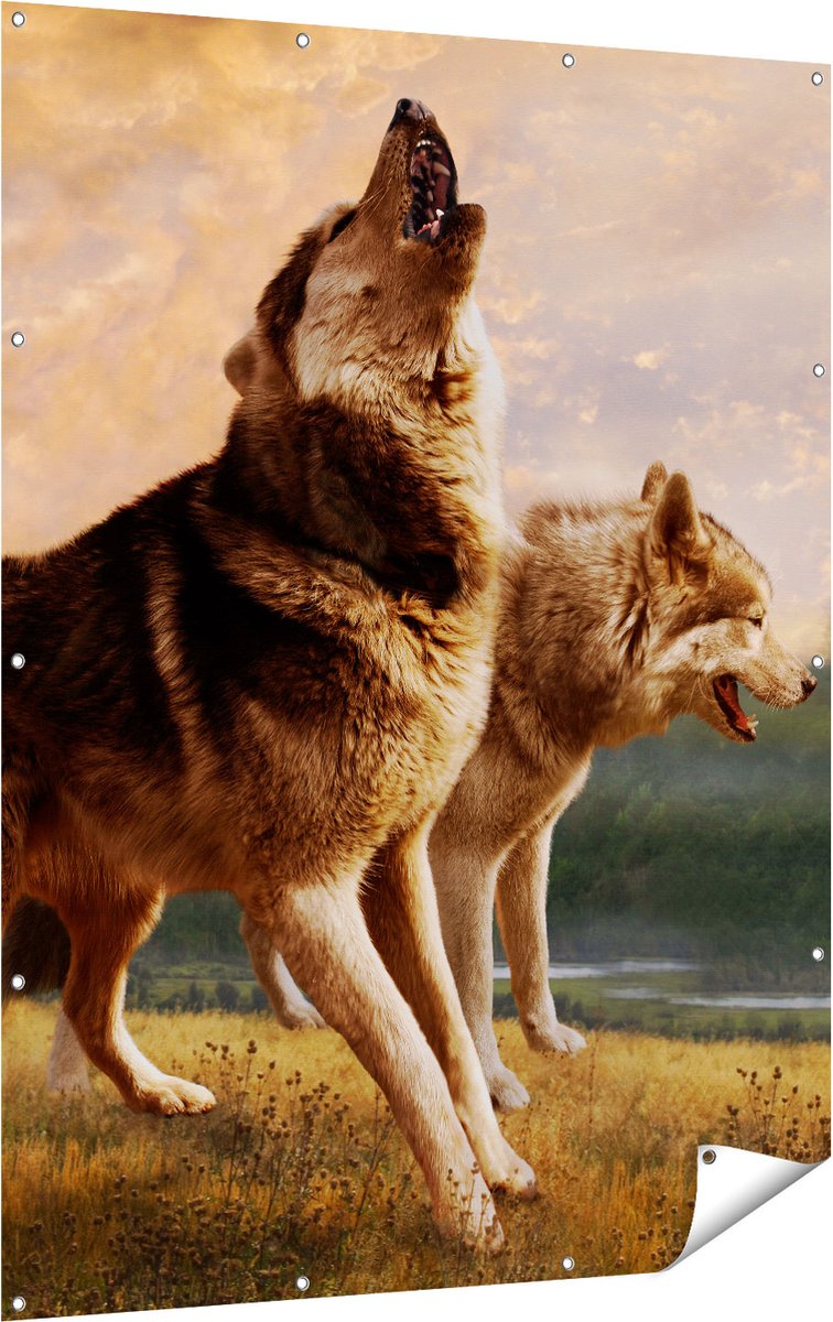 Gards Tuinposter Twee Wolven op het Gras - 120x160 cm - Tuindoek - Tuindecoratie - Wanddecoratie buiten - Tuinschilderij Multikleur