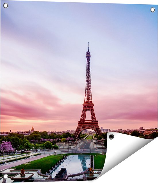Gards Tuinposter Eiffeltoren in Parijs met Kleurrijke Hemel - 60x60 cm - Tuindoek - Tuindecoratie - Wanddecoratie buiten - Tuinschilderij