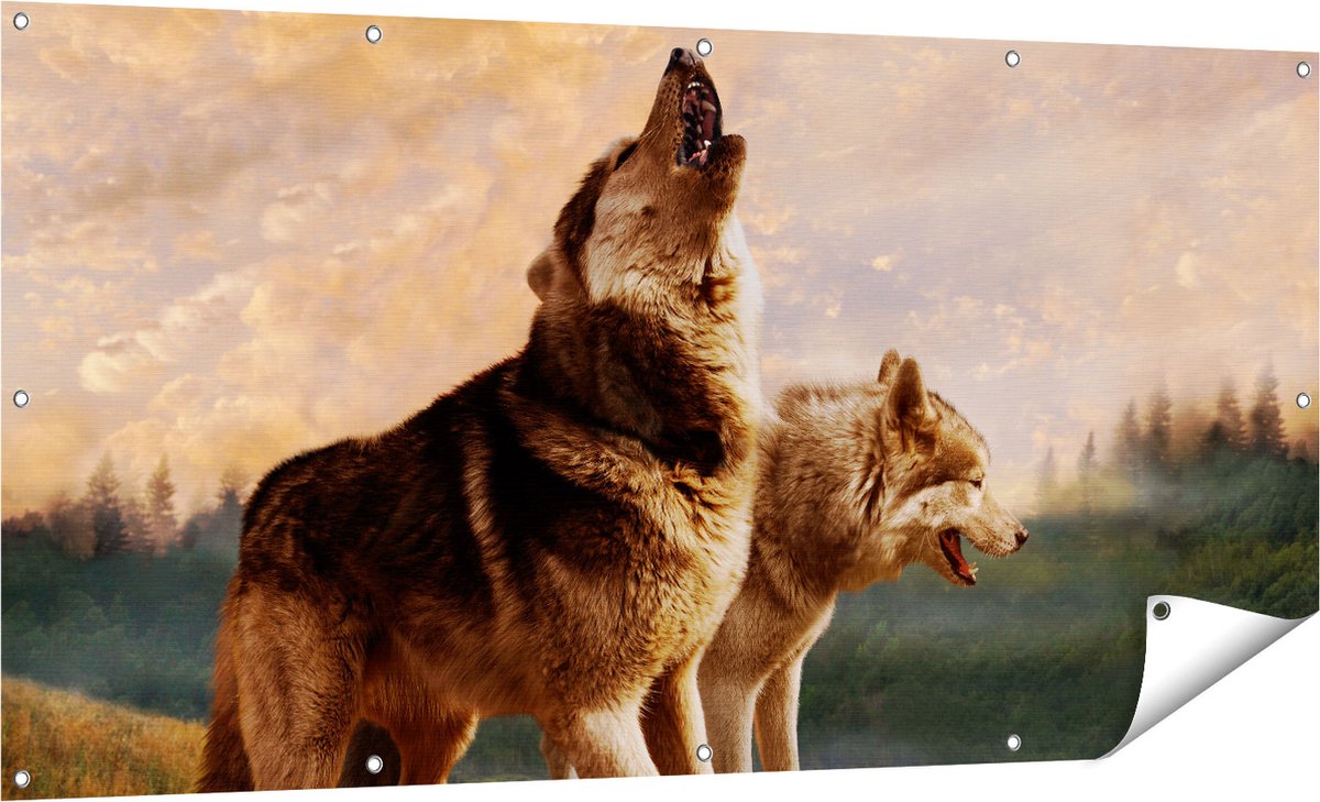 Gards Tuinposter Twee Wolven op het Gras - 160x80 cm - Tuindoek - Tuindecoratie - Wanddecoratie buiten - Tuinschilderij Multikleur