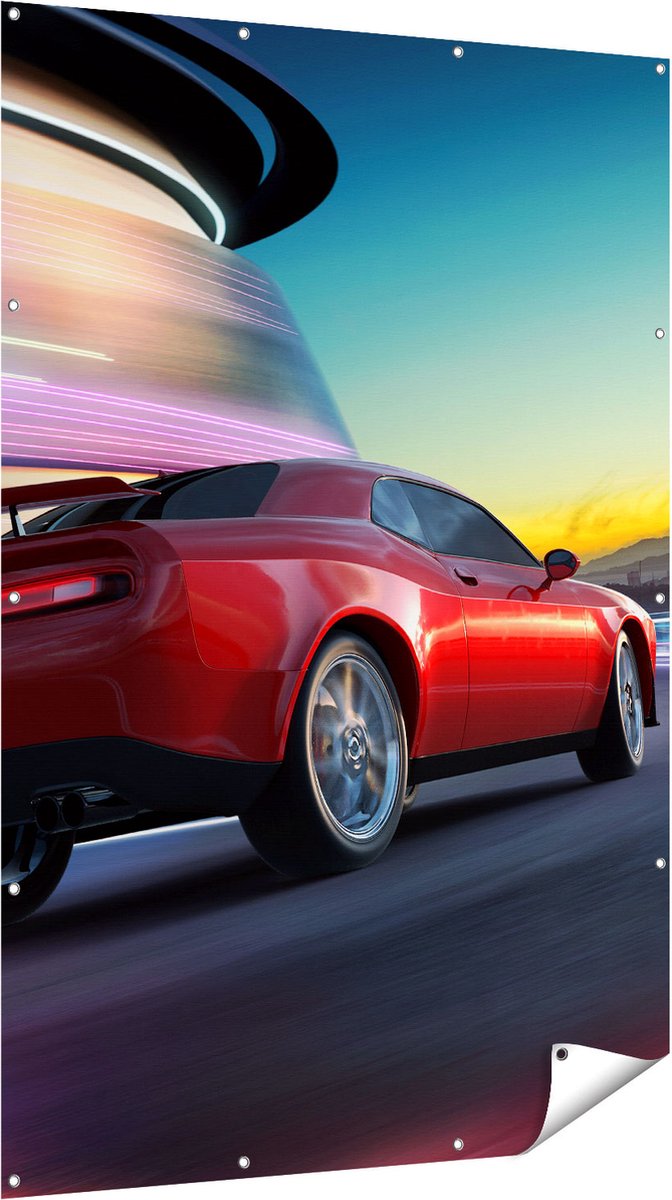 Gards Tuinposter Rode Sportwagen Auto in de Stad - 120x180 cm - Tuindoek - Tuindecoratie - Wanddecoratie buiten - Tuinschilderij Multikleur