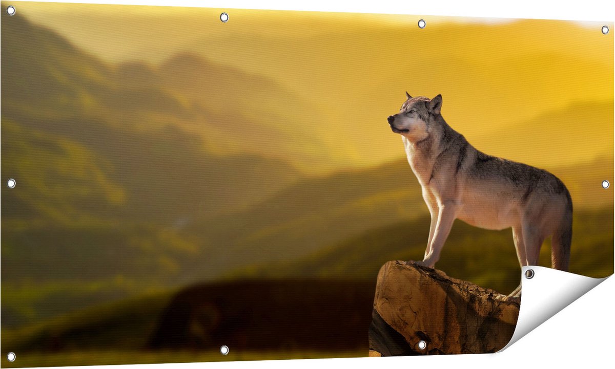 Gards Tuinposter Wolf op een Rots met een Heuvel Landschap - 140x70 cm - Tuindoek - Tuindecoratie - Wanddecoratie buiten - Tuinschilderij Multikleur