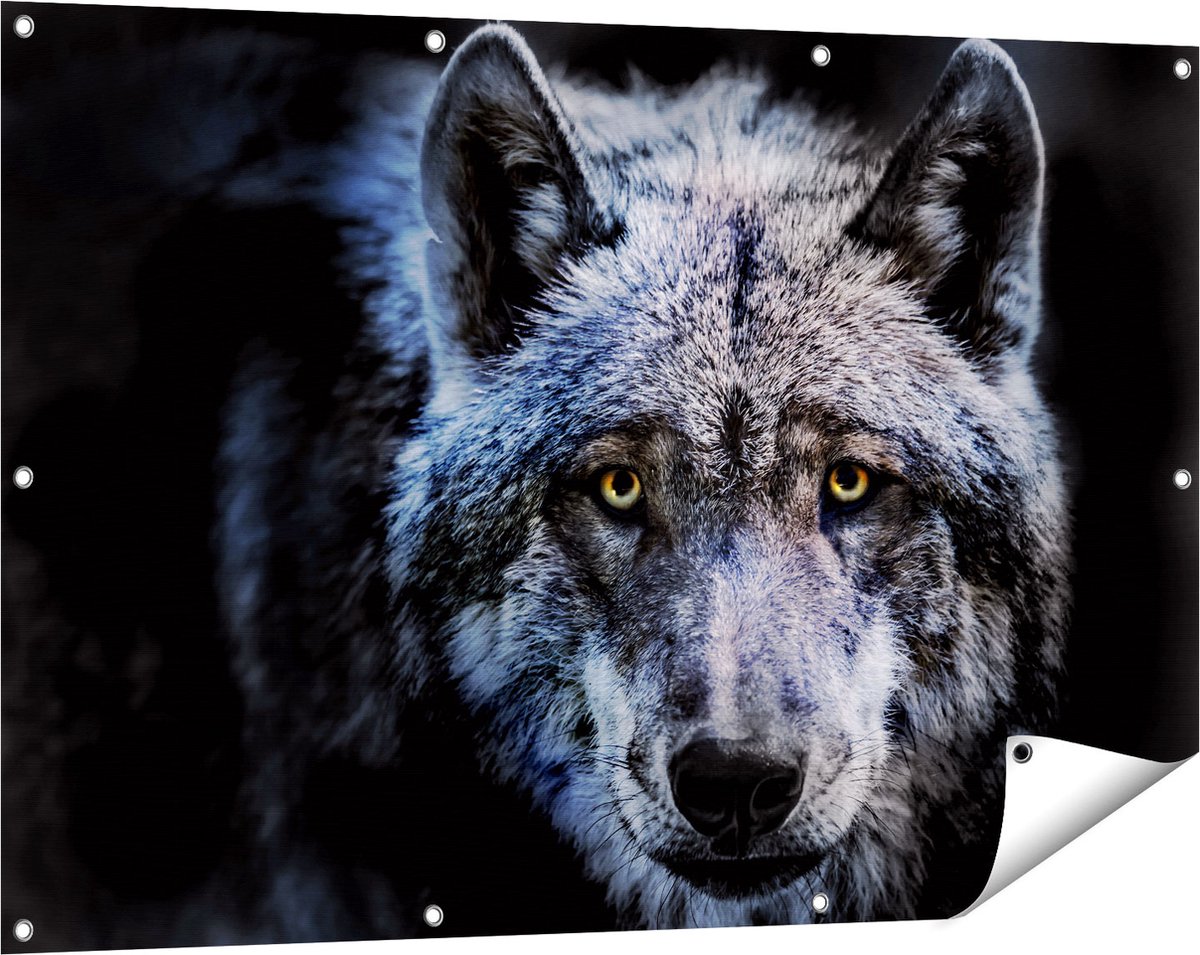 Gards Tuinposter Grijze Wolvenkop - Wolf - 120x80 cm - Tuindoek - Tuindecoratie - Wanddecoratie buiten - Tuinschilderij Multikleur