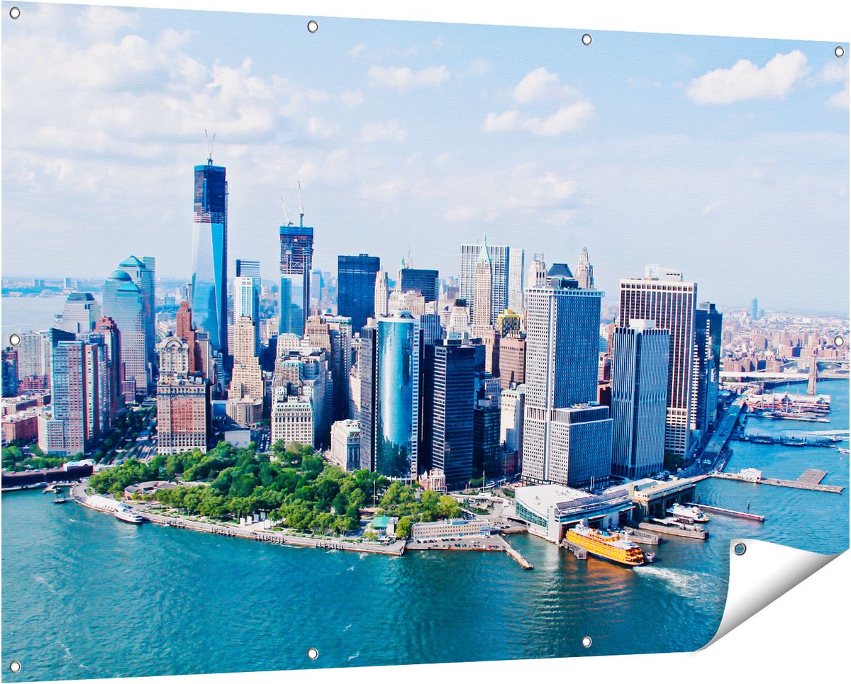 Gards Tuinposter New York Als een Eiland vanuit de Lucht - 150x100 cm - Tuindoek - Tuindecoratie - Wanddecoratie buiten - Tuinschilderij Multikleur