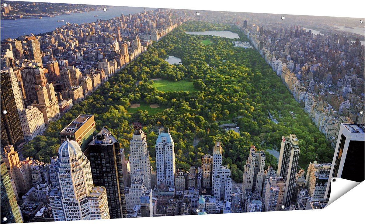 Gards Tuinposter Central Park in New York met Wolkenkrabbers - 200x100 cm - Tuindoek - Tuindecoratie - Wanddecoratie buiten - Tuinschilderij Multikleur