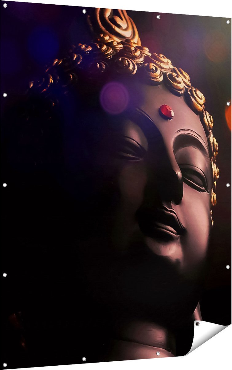 Gards Tuinposter Boeddha Beeld met Gouden Sierraden - 120x160 cm - Tuindoek - Tuindecoratie - Wanddecoratie buiten - Tuinschilderij Multikleur