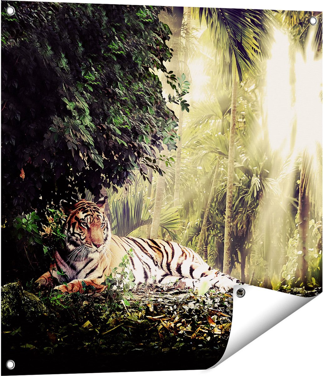 Gards Tuinposter Tijger in de Jungle met Zonneschijn - 70x70 cm - Tuindoek - Tuindecoratie - Wanddecoratie buiten - Tuinschilderij Multikleur