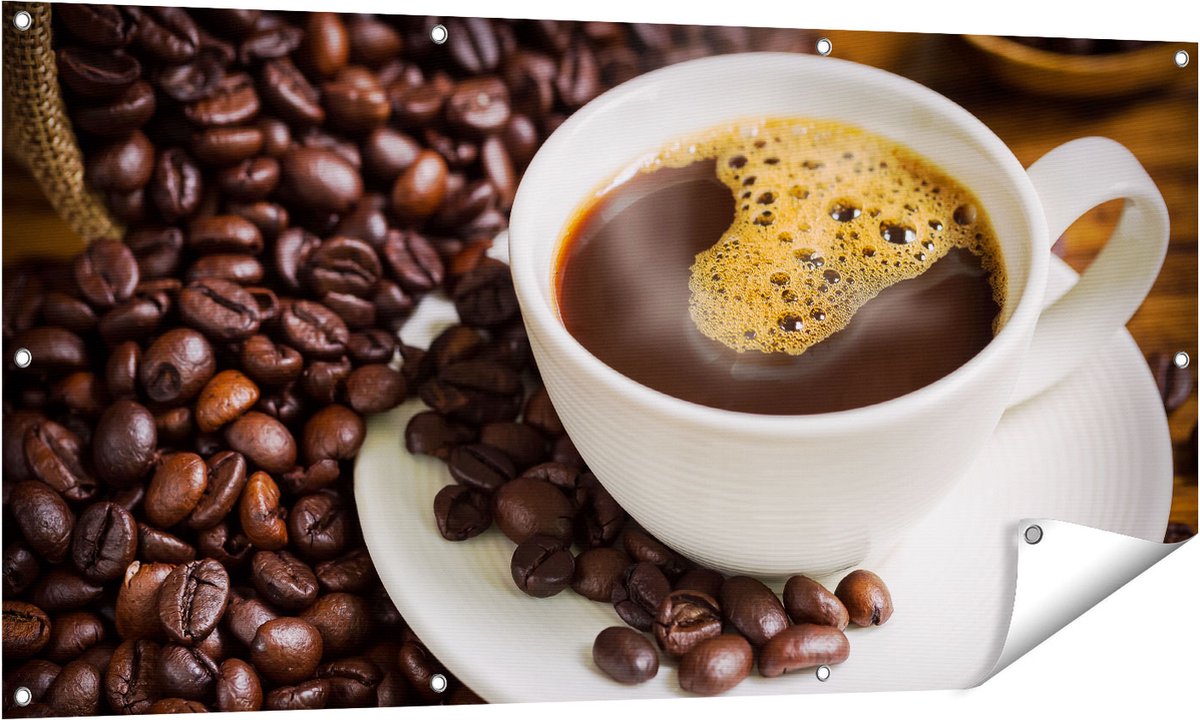 Gards Tuinposter Kopje Koffie met Koffiebonen - 140x70 cm - Tuindoek - Tuindecoratie - Wanddecoratie buiten - Tuinschilderij Multikleur