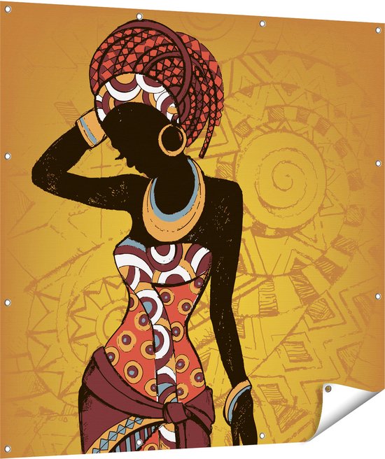 Gards Tuinposter Getekende Afrikaanse Vrouw - Abstract - 120x120 cm - Tuindoek - Tuindecoratie - Wanddecoratie buiten - Tuinschilderij