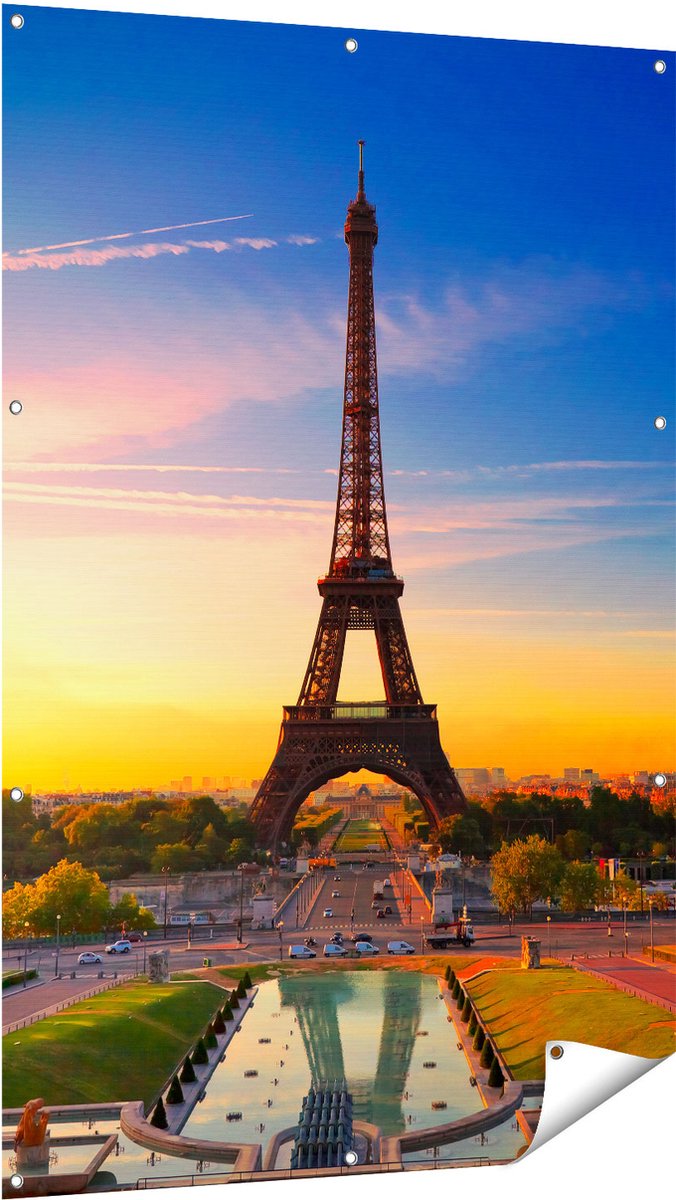 Gards Tuinposter Parijs Eiffeltoren tijdens de Zonsopkomst - 100x150 cm - Tuindoek - Tuindecoratie - Wanddecoratie buiten - Tuinschilderij Multikleur