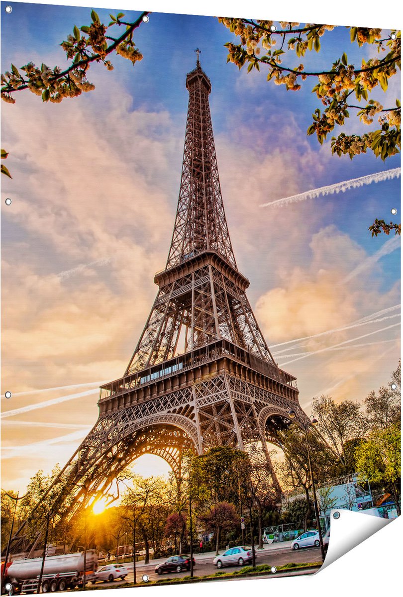 Gards Tuinposter Eiffeltoren in Parijs tijdens Zonsondergang - 120x150 cm - Tuindoek - Tuindecoratie - Wanddecoratie buiten - Tuinschilderij Multikleur