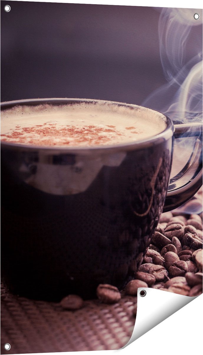 Gards Tuinposter Hete Koffie Kop met Koffiebonen - 60x90 cm - Tuindoek - Tuindecoratie - Wanddecoratie buiten - Tuinschilderij Multikleur