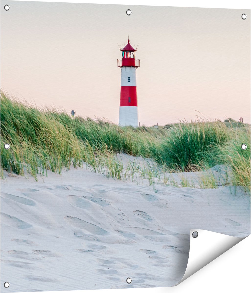 Gards Tuinposter Strand en Duinen met een Vuurtoren - 80x80 cm - Tuindoek - Tuindecoratie - Wanddecoratie buiten - Tuinschilderij Multikleur