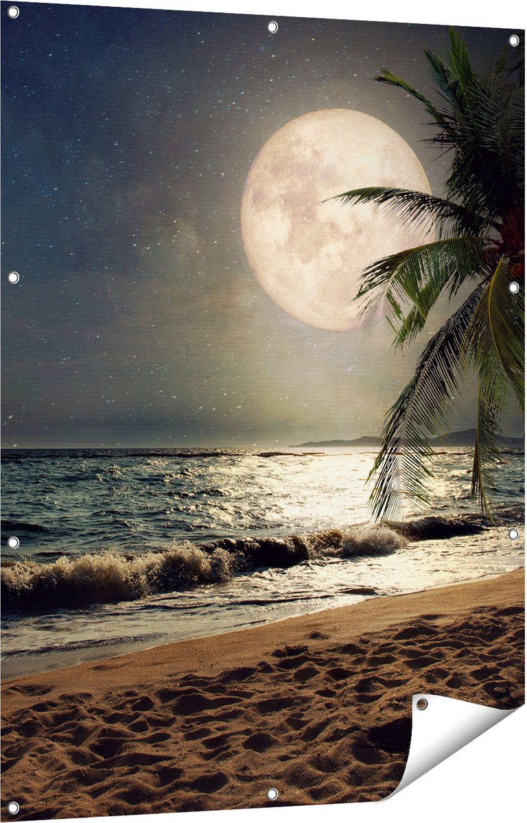Gards Tuinposter Tropisch Strand in de Nacht met Volle Maan - 90x120 cm - Tuindoek - Tuindecoratie - Wanddecoratie buiten - Tuinschilderij Multikleur
