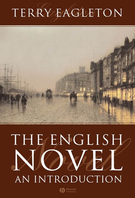 Boekcover: "The English Novel An Introduction" door Terry Eagleton. Afbeelding van een regenachtige straat in een oude stad met paardenkoetsen.