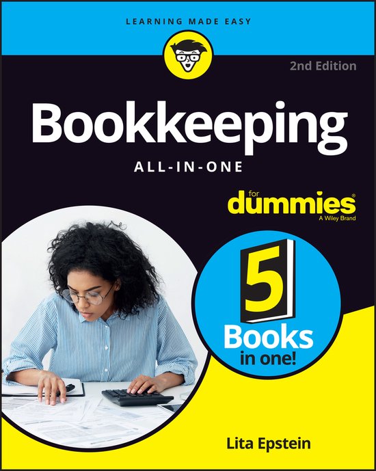 Boek: "Bookkeeping All-In-One", 2e editie, met een vrouw achter een bureau.