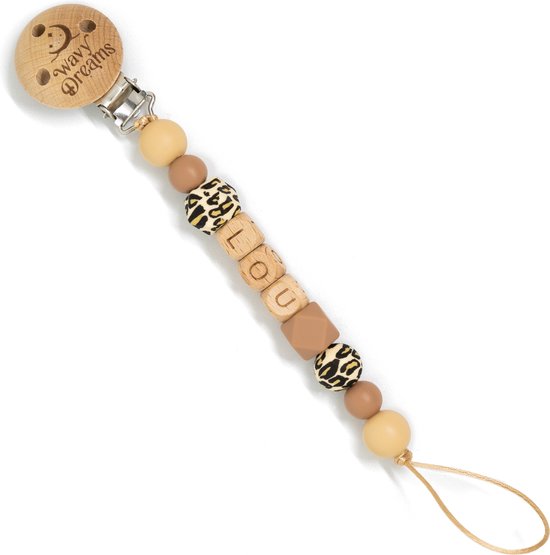 Wavy Dreams - Combiset Speenkoord & Sleutelhanger / Luiertashanger - Speenkoord met naam - Jongen Meisje Unisex - Kraamcadeau - Zand Panter - Speenketting met naam - Sleutelhanger met naam - Model Lou van Wavy Dreams — afbeelding 3