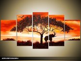 Schilderij -  Afrika - Oranje, Geel, Zwart - 150x70cm 5Luik - GroepArt - Handgeschilderd Schilderij - Canvas Schilderij - Wanddecoratie - Woonkamer - Slaapkamer - Geschilderd Door Onze Kunstenaars 2000+Collectie Maatwerk Mogelijk