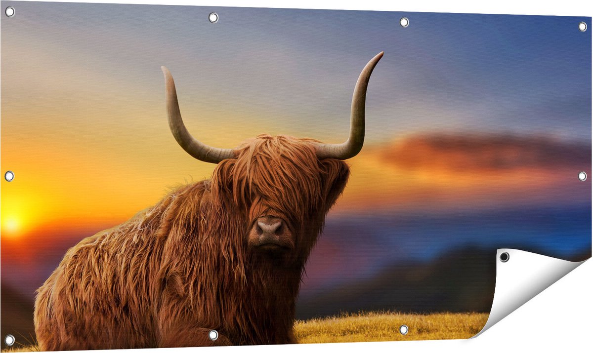 Gards Tuinposter Schotse Hooglander Koe op een Heuvel - 120x60 cm - Tuindoek - Tuindecoratie - Wanddecoratie buiten - Tuinschilderij Multikleur