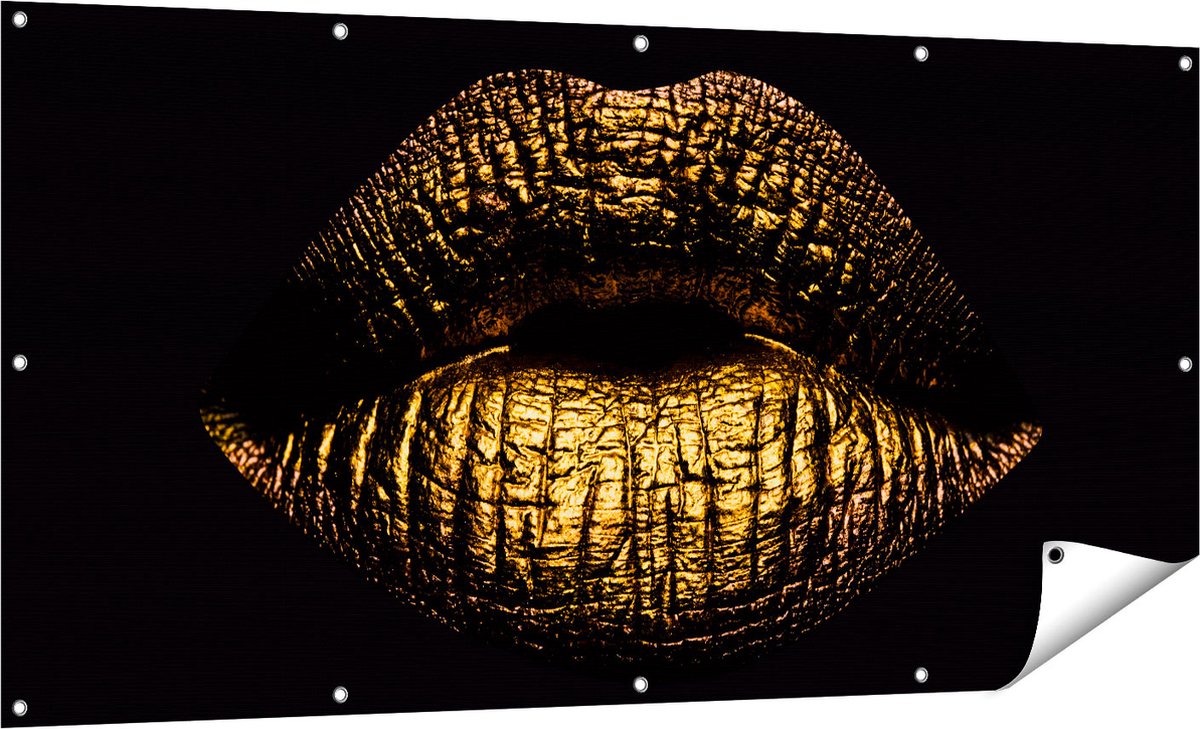 Gards Tuinposter Gouden Lippen - 160x80 cm - Tuindoek - Tuindecoratie - Wanddecoratie buiten - Tuinschilderij Multikleur