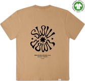 FIVE LINE LABEL - Beige t shirt met print - Heren - Dames - Biologisch Katoen - Oversized Fit - Maat L/XL