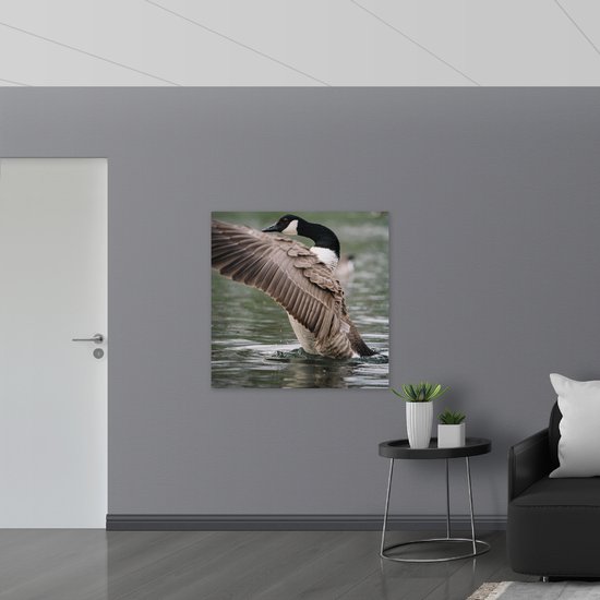 PVC Schuimplaat- Gans met Opengeslagen Vleugels in het Water - 100x100 cm Foto op PVC Schuimplaat