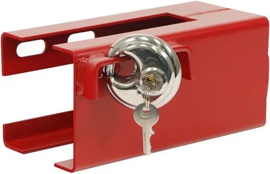 Rood disselslot voor caravan of aanhanger met zilverkleurig hangslot en sleutel.