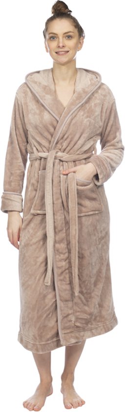 Unisex Badjas Fleece - Capuchon - Taupe