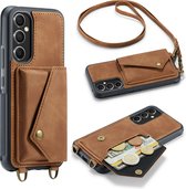Casemania Hoesje Geschikt voor Samsung Galaxy A14 Sienna Brown - Luxe Back Cover met Koord - Wallet Case - Pasjeshouder
