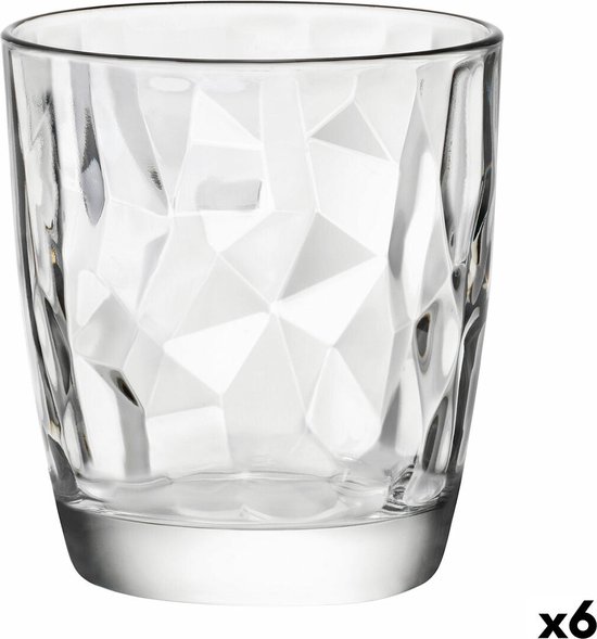 Enkel helder Bormioli Rocco Diamond waterglas met facet-look, 'x6' in de hoek.