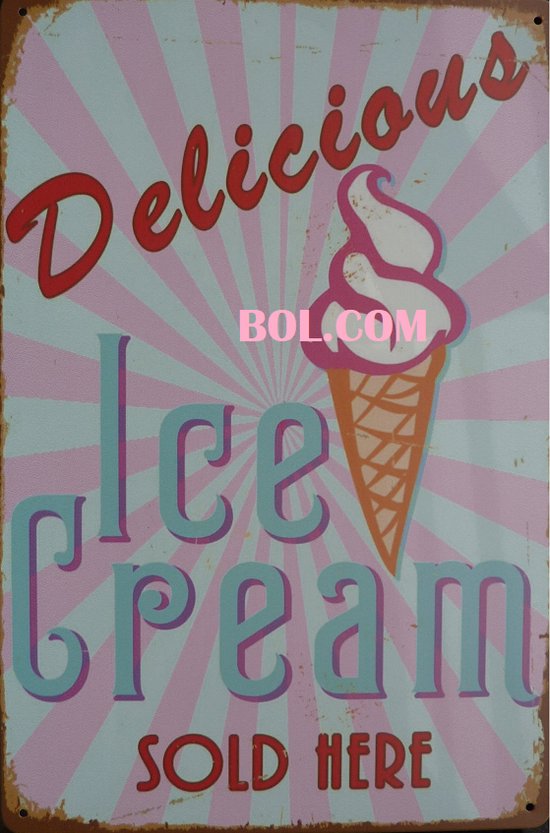 DELICOUS ICE CREAM METALEN WANDBORD 20X30 CM MUURPLAAT VINTAGE