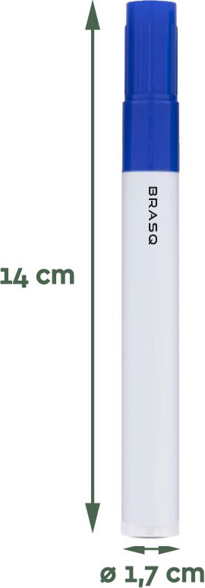 Een blauwe whiteboardstift met witte body. Afmetingen 14 cm lang, 1,7 cm diameter.