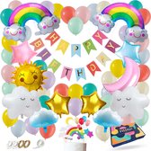 Fissaly 73 Stuks Regenboog Wolken Decoratie Set – Feest Versiering met Pastel Ballonnen – Feestdecoratie Verjaardag & Themafeest - Feestversiering met slingers, cupcake topper, taarttopper & eenhoorn tattoos voor kinderen