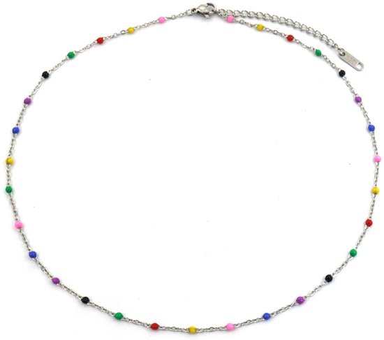 Collier avec Perles - Acier Inoxydable - Longueur 40-45 cm - Argent et Multi