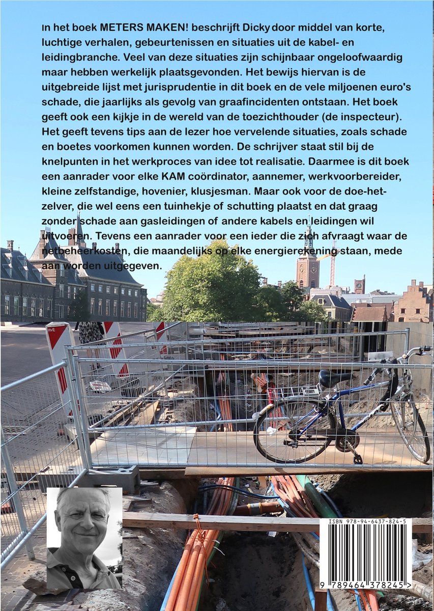Boekomslag met tekst 'METERS MAKEN!'. Een fietser staat bij een bouwput. Een man kijkt naar de camera.