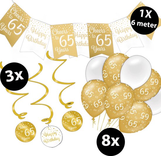 Verjaardag Versiering Pakket 65 jaar Wit en Goud - Ballonnen Goud & Wit