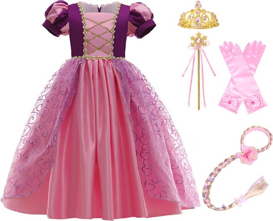 Het Betere Merk - Prinsessenjurk meisje - Roze / Paarse jurk - maat 98 (100) - Verkleedkleding meisje - Kroon - Tiara - Carnavalskleding Kind - Kleed - Lange Handschoenen - Haarband met vlecht - Magische toverstaf